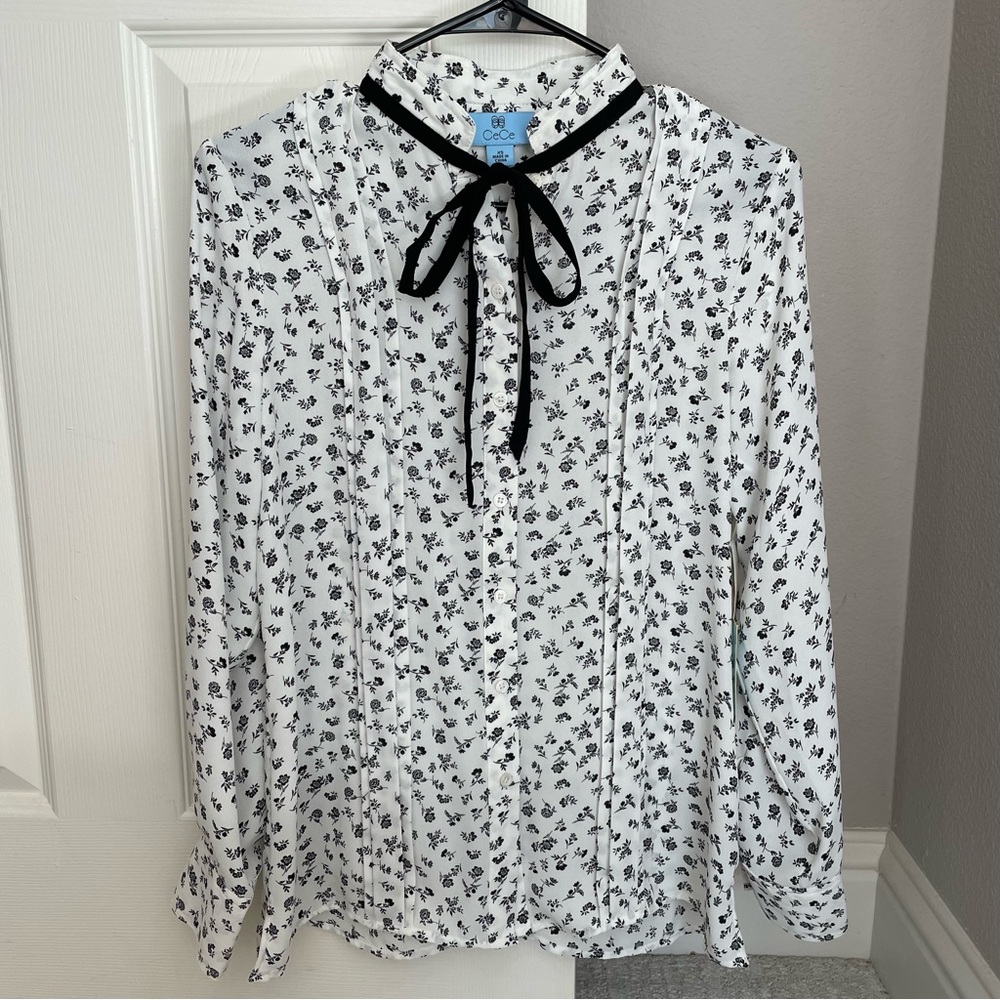 CeCe Ditsy Etching Tie Neck Blouse